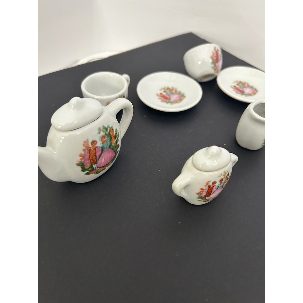 Miniature Tea Set White Fragonard Courting Couple Porcelain Ceramic Collectible